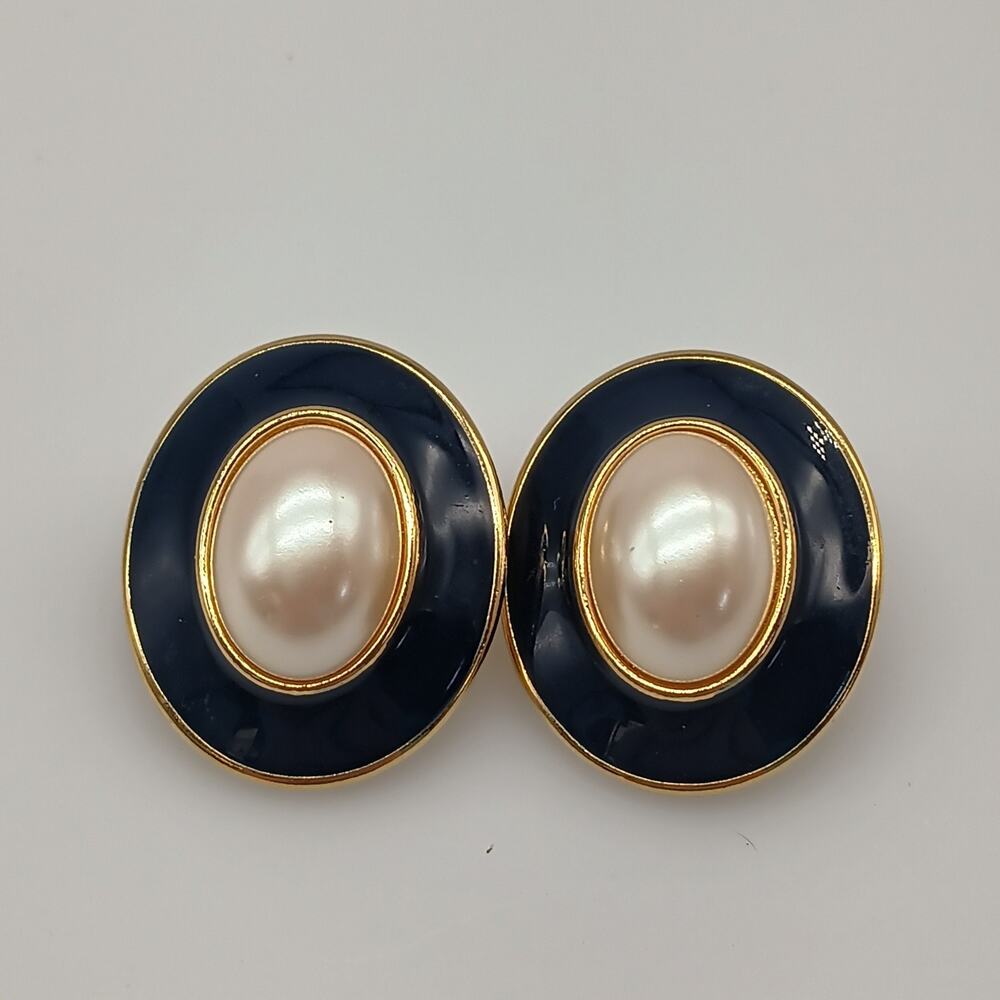 Monet Faux Pearl Button Earrings Clip On Enamel Gold Tone